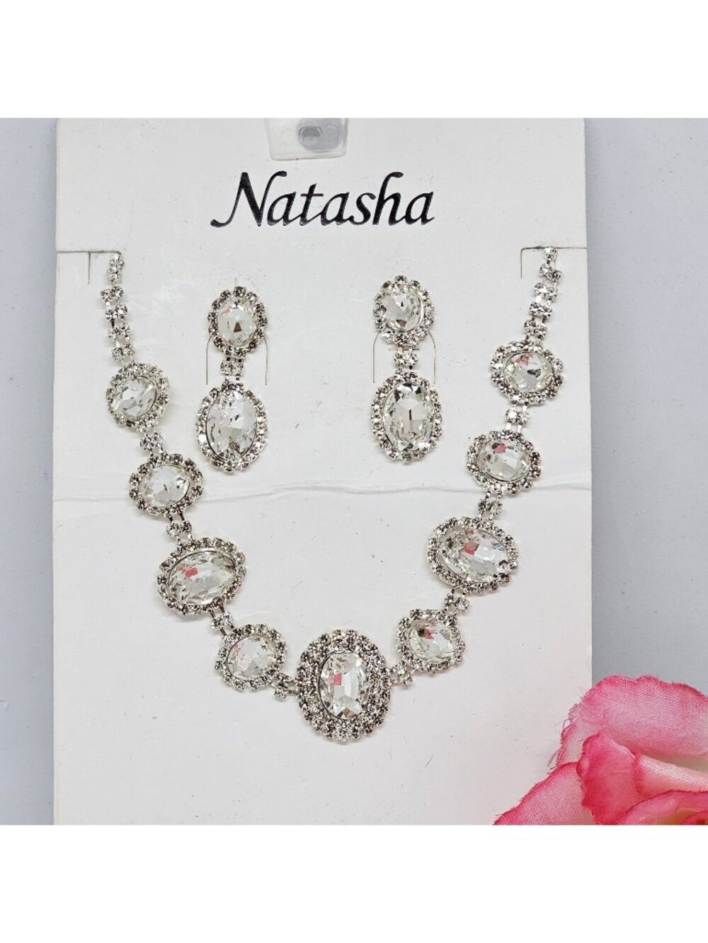 Natasha Clear Rhinestone Crystal Statement Necklace & Earrings Set Formal Silver